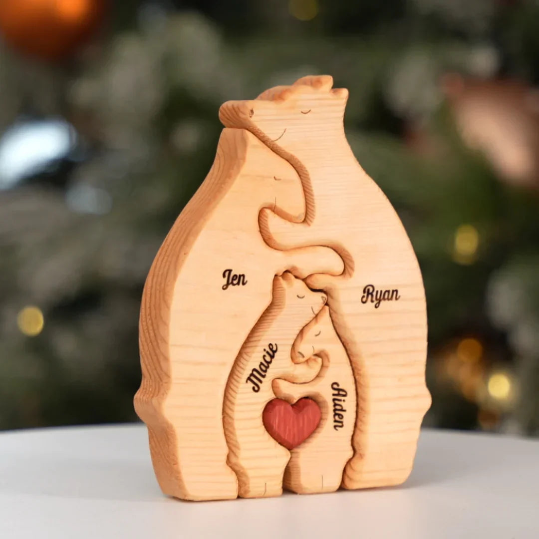 Quebra-cabeça de família personalizado de madeira em forma de urso 