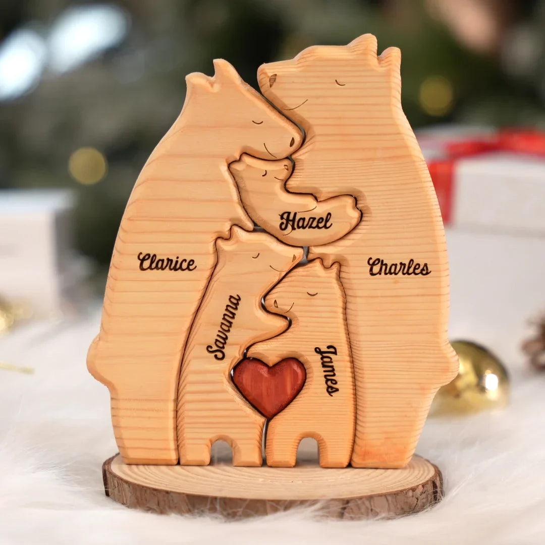 Quebra-cabeça de família personalizado de madeira em forma de urso 